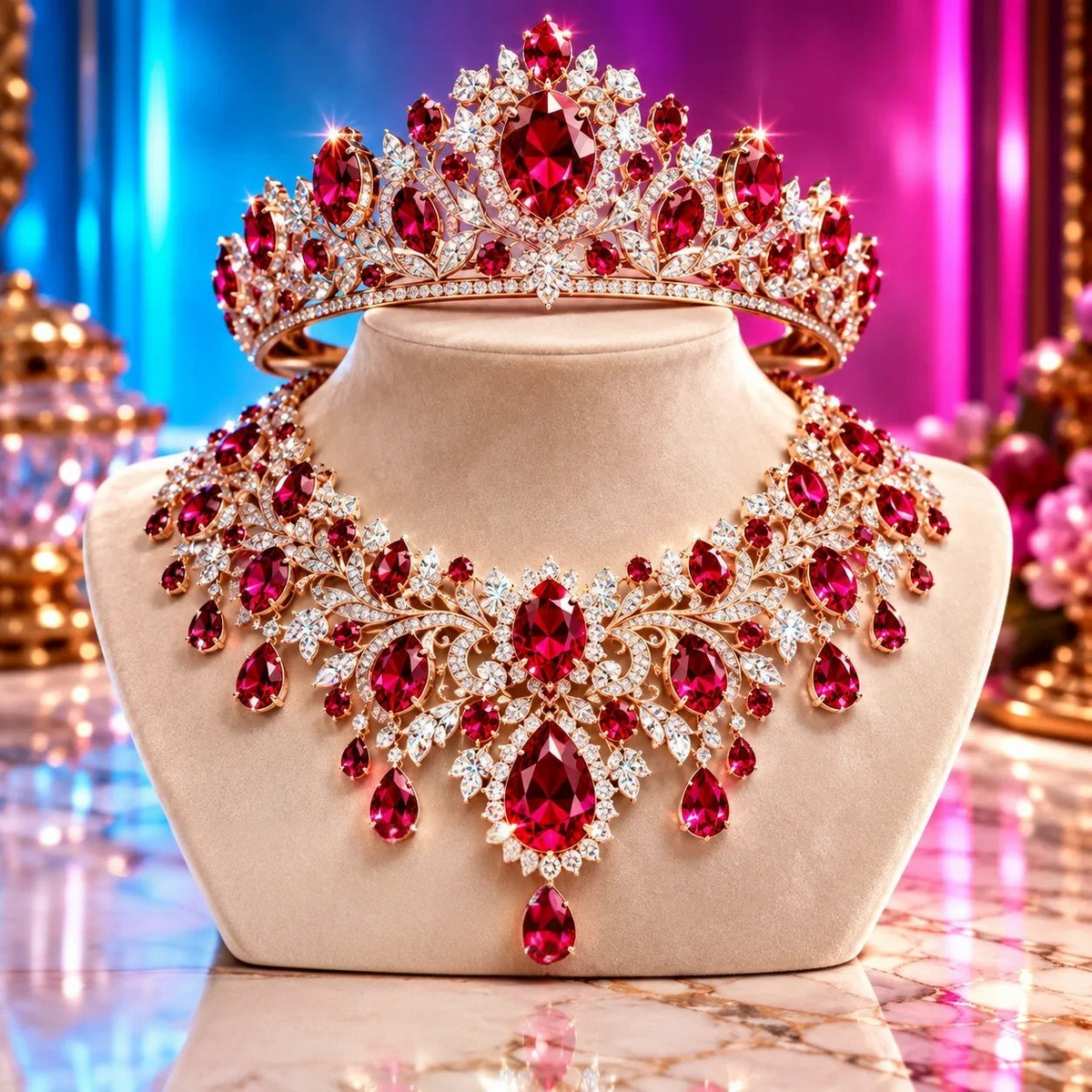 REVIN Classics Schmuckset mit goldfarbener Tiara und Halskette, besetzt mit roten Schmucksteinen und Zirkonia.