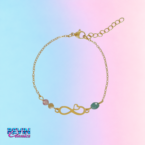 REVIN Classics Armband aus Gold mit Unendlichkeitszeichen, Herz und facettierten Edelsteinen wie Jade und Lepidolit.